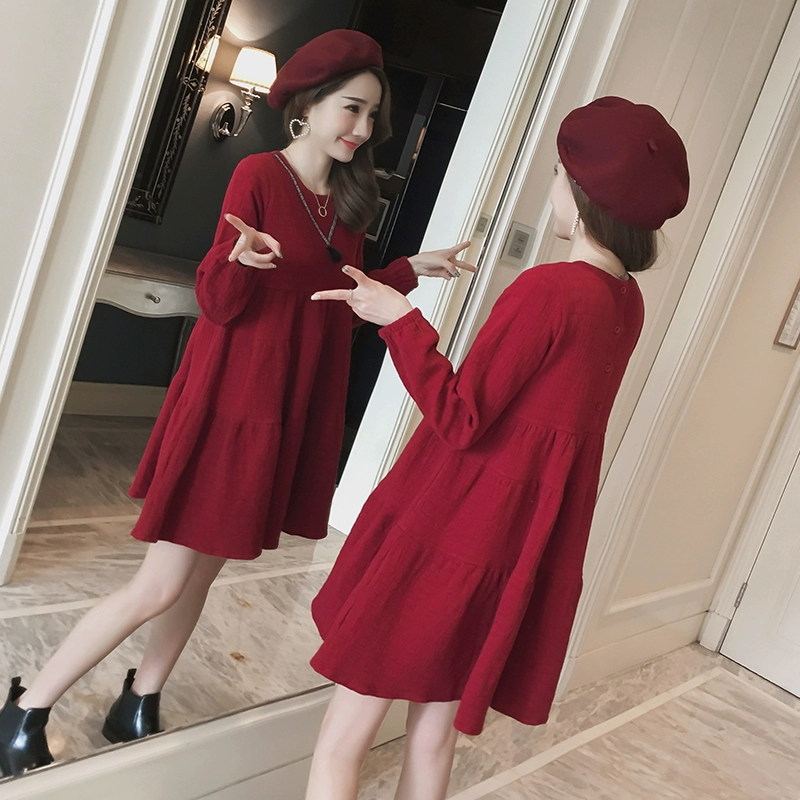 Đầm bà bầu mùa xuân và mùa thu tay dài đầm nữ mùa thu đỏ Hàn Quốc phần lỏng lẻo trong phần dài của quần áo mẹ thủy - Áo thai sản