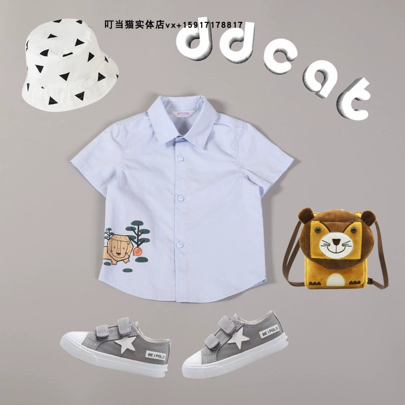 Quần áo trẻ em mèo leng keng áo sơ mi mùa hè mới cho bé trai, phim hoạt hình trẻ em đơn giản ve áo sơ mi ngắn tay 90-130 - Áo sơ mi