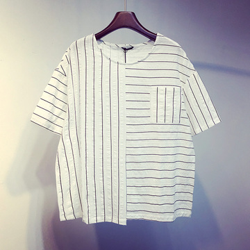 衣服 品质男装 条纹t恤 春装mocha新款韩版女装条纹体恤打底衫短款