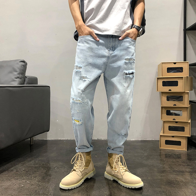 2022 Spring/Autumn new men's straight-leg loose trendy brand ripped patch 9-point light-colored casual Harem jeans
