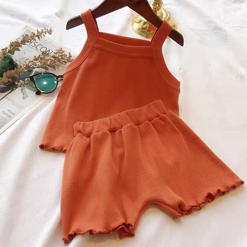 13 OrangeChildren's wear 2021 summer new pattern children lattice suit girl baby Foreign style wing Halter tops shorts Two piece set