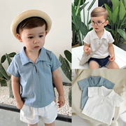 Chen Chen Ma bé quần áo trẻ em bé mùa hè cotton linen hạt chất liệu boy áo trẻ em ve áo ngắn tay áo sơ mi phần mỏng