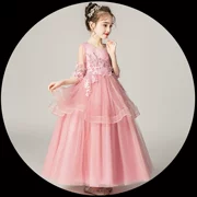 Váy bé gái màu hồng mùa hè công chúa váy dài váy sợi mịn lưới gạc cô gái ăn tối váy váy nữ cao quý - Váy trẻ em