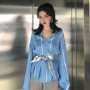 Hồng Kông-hương vị chic phong cách màu xanh và trắng sọc dọc lỏng dài tay áo + bạc thắt nút thời trang phù hợp với nữ kiểu đồ bộ