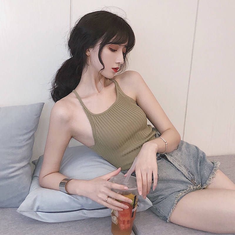 Mùa hè ăn mặc Hồng Kông hương vị chic gió sexy treo cổ strapless vest của phụ nữ hoang dã mỏng đoạn ngắn áo thun áo triều