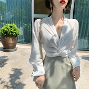 Đầm suông retro eo cao được thắt nút tay áo dài viền voan nữ mùa hè và thu đông 2019 kiểu áo mới nước ngoài - Áo sơ mi dài tay