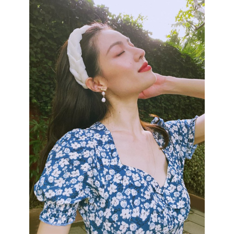Blue DressZhong Chuxi Same blue Broken flower square neck Split Tea break French Dress Hepburn Chiffon Chinese bellflower Long skirts
