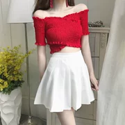 Hàn Quốc phiên bản của khí từ cổ áo ngắn đoạn nhăn căng áo thun voan + cao eo mỏng pleated váy chiffon phù hợp với