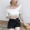 2017 mùa thu mới retro Hàn Quốc phiên bản của V-Cổ chữ thập strapless Mỏng mỏng ngắn ngắn tay áo thun áo len phụ nữ