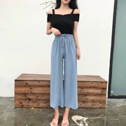 Mùa hè Hàn Quốc phiên bản của chic ra khỏi vai máy chăm sóc từ vai knit top + cao eo dây kéo chín điểm rộng quần chân phù hợp với
