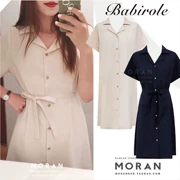 MORAN Hàn Quốc retro chic gió nhẹ nhàng phù hợp với V-Cổ áo đầm đơn ngực Một từ váy ngắn eo mùa hè