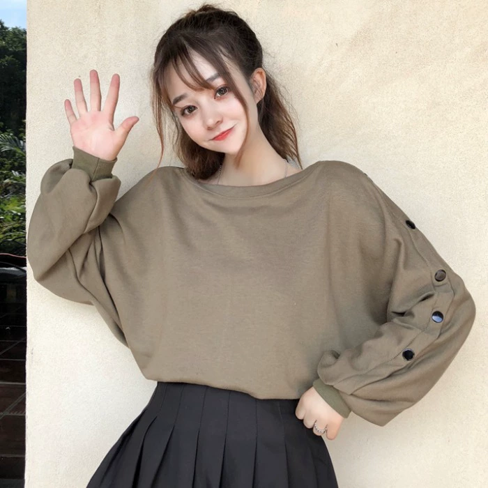 Sinh viên cỡ lớn nữ béo MM200 kg quần áo mùa xuân Hàn Quốc lỏng tay áo bên hông khóa áo thun áo len ngắn nữ - Áo len