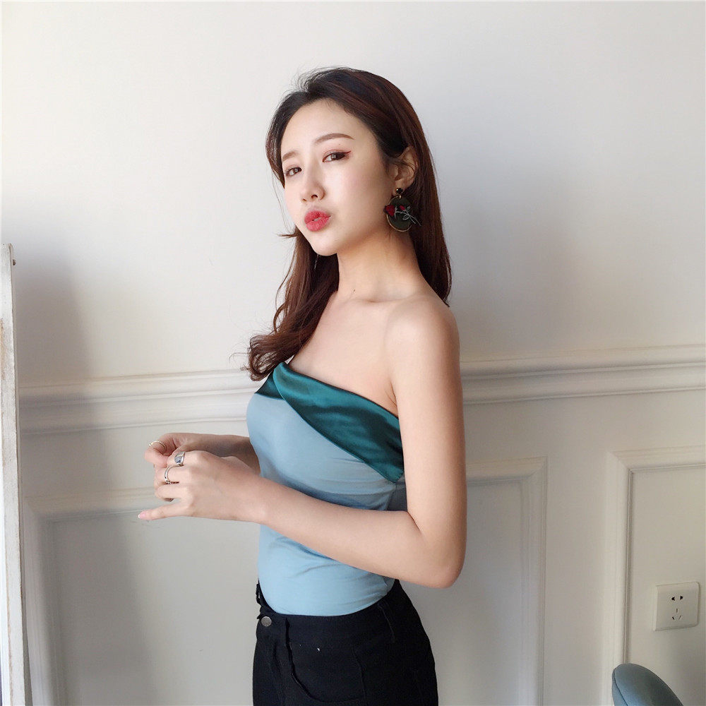 实拍8867# 拼接渐变晚晚复古豆沙绿显胸神器显瘦百搭抹胸上衣