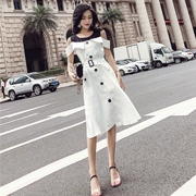 Ăn mặc nữ mùa hè 2018 new Hồng Kông phong cách vòng cổ khâu tương phản màu đơn ngực tie belt eo phần dài Một từ váy