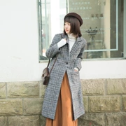 Mùa thu đông 2017 mới của phụ nữ phiên bản Hàn Quốc của chiếc áo khoác len dày rộng siêu dài houndstooth ve áo khoác len - Áo khoác dài