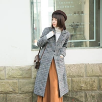 Mùa thu đông 2017 mới của phụ nữ phiên bản Hàn Quốc của chiếc áo khoác len dày rộng siêu dài houndstooth ve áo khoác len - Áo khoác dài áo khoác da