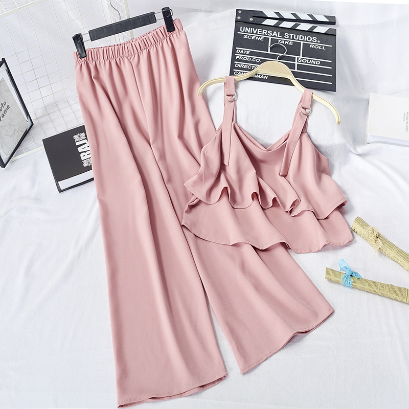 Pink 782-116Spring and summer Han Fan suit Solid color Ruffles camisole vest easy leisure time Wide leg pants Two piece set 782
