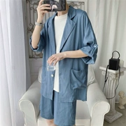 Mùa hè phù hợp với quần lửng ống rộng tay nam dài tay hợp thời trang hoang dã retro chic Hàn Quốc 2 bộ - Suit phù hợp