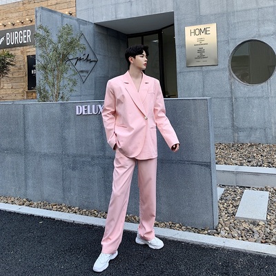 Phong cách catwalk Hàn Quốc màu hồng nhạt chân rộng ống rộng quần nam xu hướng Hàn Quốc giản dị giản dị quần tây thẳng - Quần