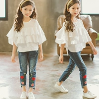 Весенний комплект, детские джинсы, штаны, рубашка, коллекция 2021, подходит для подростков, с вышивкой, популярно в интернете, в западном стиле