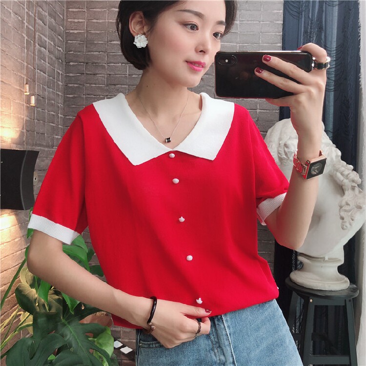 Trạm châu âu hàng Châu Âu 2018 mùa hè mới ve áo đơn ngực phần mỏng băng lụa băng áo sơ mi áo len nữ triều H690