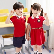 Quần áo sân vườn mẫu giáo mùa hè bông gió trường học đồng phục học sinh màu đỏ và trắng cổ tròn tay áo ngắn thể thao gió - Đồng phục trường học / tùy chỉnh thực hiện