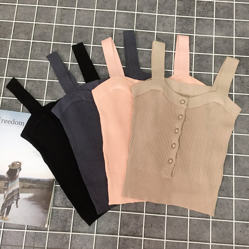 Mùa hè mới Hồng Kông hương vị retro chic gió mỏng giảm béo màu rắn hoang dã ngắn đan nhỏ yếm trong nữ triều