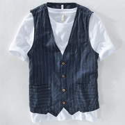 Áo vest sọc kẻ mùa hè mặc xu hướng nam mùa hè lỏng băng lụa cotton tay áo vest - Áo vest cotton