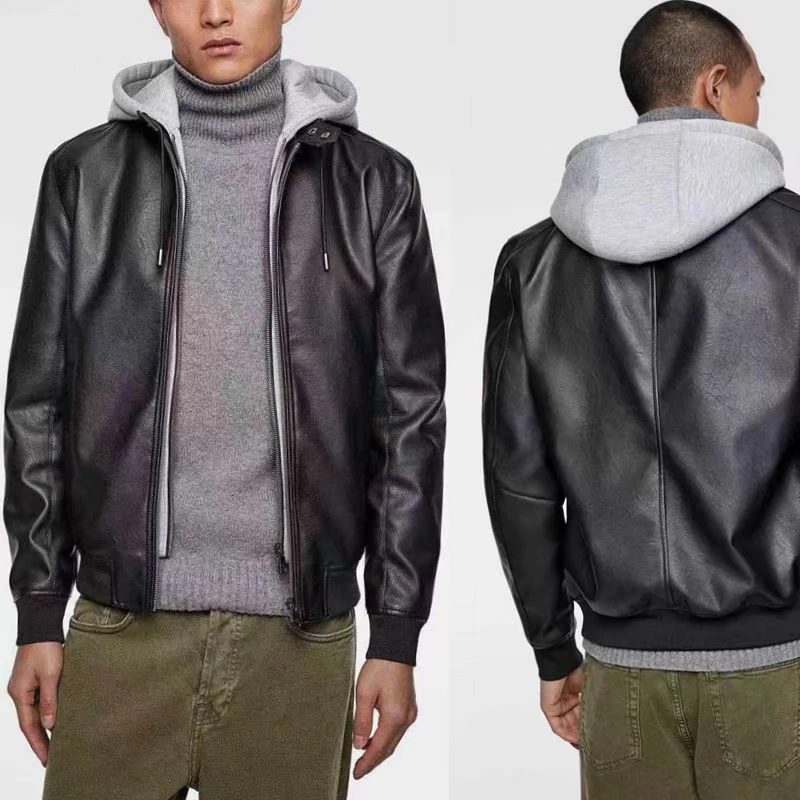 Mùa xuân za xe máy giả da áo khoác hàng đầu Hàn Quốc Slim ngắn có thể tháo rời trùm đầu nam ra áo khoác da màu đen - Quần áo lông thú