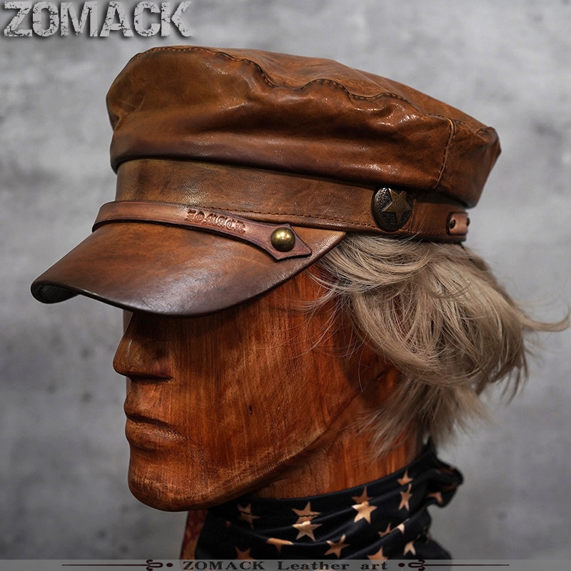 Hand Re Color Aging - No LogoLeather Hat Men service cap Amekaji genuine leather locomotive Hat male Sheepskin navy Ins wind Retro solar system male tide