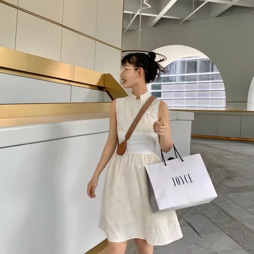 Белое ципао без рукавов, платье, яркий броский стиль, высокая талия