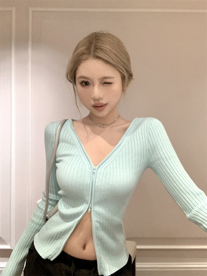 taobao agent Knitted sweater, cardigan with zipper, jacket, long-sleeve, V-neckline, long sleeve