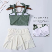 然 心动 - Đồ bơi cô gái Nhật Bản Ngực nhỏ màu xanh lá cây tập hợp váy xẻ retro che bụng áo tắm bảo thủ - Bộ đồ bơi hai mảnh