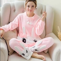 Mùa đông phiên bản Hàn Quốc của các cô gái có thể mặc đồ ngủ nhung ấm áp đệm nhung nữ dễ thương hoạt hình flannel dịch vụ nhà - Pyjama do ngu