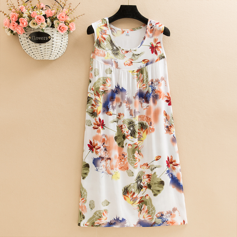 Deep Purplepoplin  Dress mom summer wear Nightdress Medium and long term Big size Fat mm easy robe Middle aged and elderly leisure wear vest