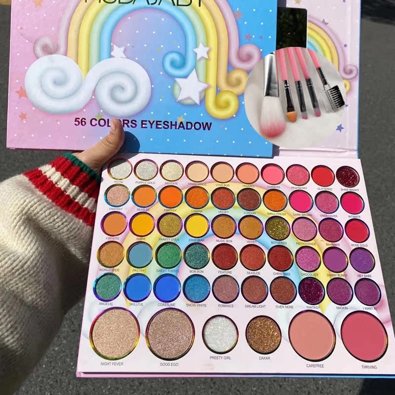 Rainbow 56 Color Plate (Five Brushes For Collection)Bright color Eyeshadow Compact full set No halo pearl light Flash powder Blush modify one's face through surgery one 56 Eye shadow stage makeup student female