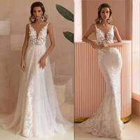 Mermaid Wedding Dresses Lace Appliques Backless Detachable