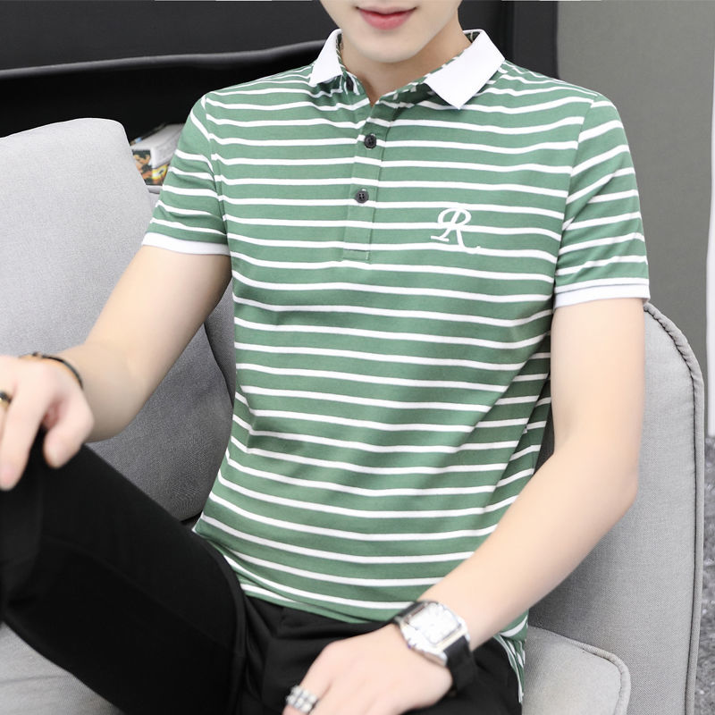 夏季新款男士短袖T恤男韩版翻领POLO衫潮流青年条纹半袖男装上衣
