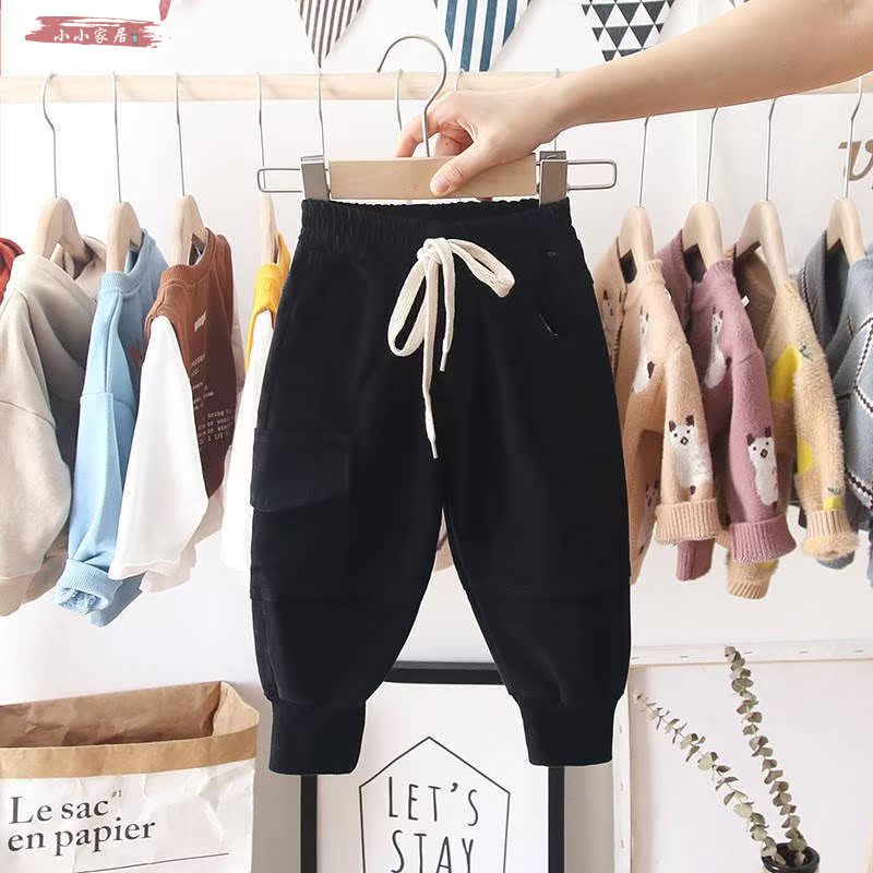 Black [Spring And Autumn Style]Boy Plush trousers Spring  new pattern children Children winter clothes Korean version girl baby thickening work clothes trousers tide