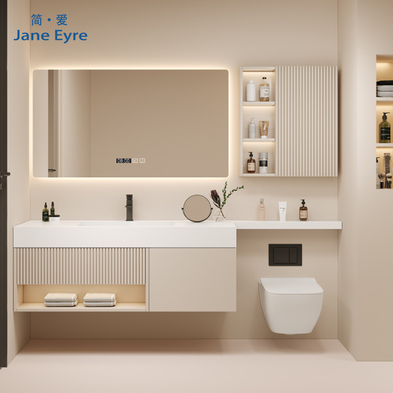 Tủ phòng tắm bằng gỗ rắn kết hợp tấm đá kết hợp tấm gốm tích hợp bồn vệ sinh bàn vệ sinh tủ gương wc tủ gương phòng tắm nhập khẩu