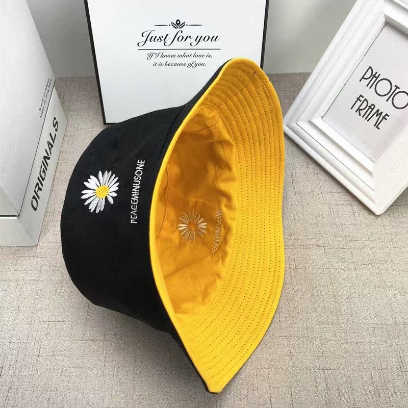 Double Sided (Daisy Black Yellow) - M88Double sided wear Hat female Women's hat two-sided Embroidery Versatile Basin cap Fisherman hat men and women lovely student Korean version