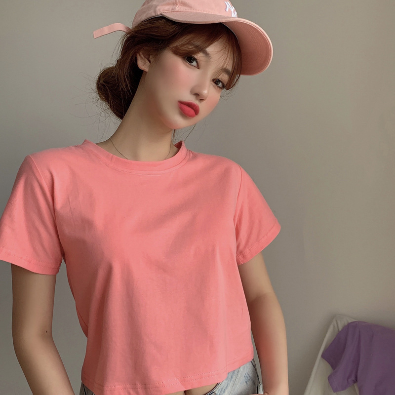 Pinksummer Korean version have cash less than that is registered in the accounts Exposed navel Self cultivation T-shirt 2021 new pattern Women's wear easy Short sleeve Solid color Simplicity Built in jacket