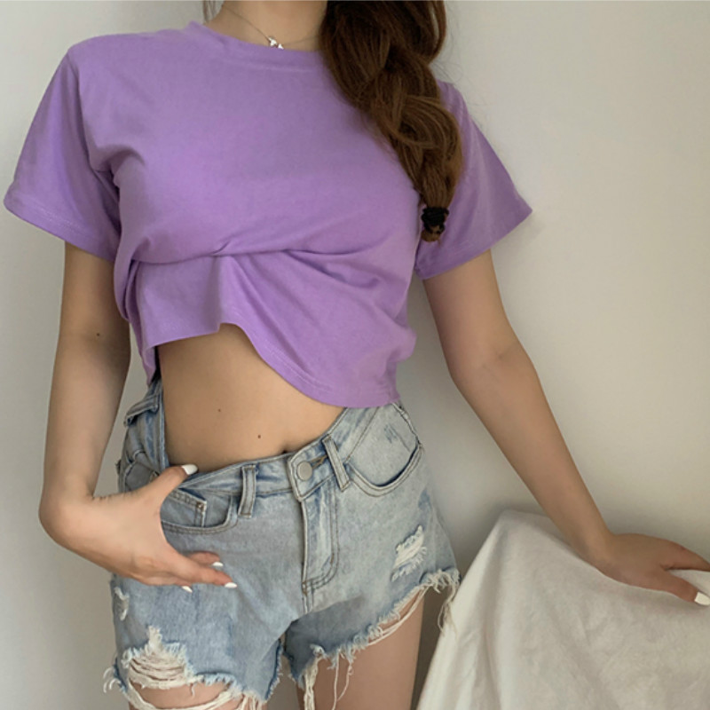 Violetsummer Korean version have cash less than that is registered in the accounts Exposed navel Self cultivation T-shirt 2021 new pattern Women's wear easy Short sleeve Solid color Simplicity Built in jacket