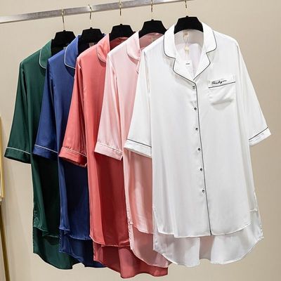 夏天睡裙女冰丝衬衫领睡衣春夏薄款中袖仿真丝绸可爱甜美中长款裙