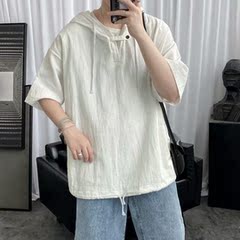 Summer comfortable brocade hemp hooded 5-sleeve T-shirt, Hong Kong style student versatile loose functional sweater, couple casual wear