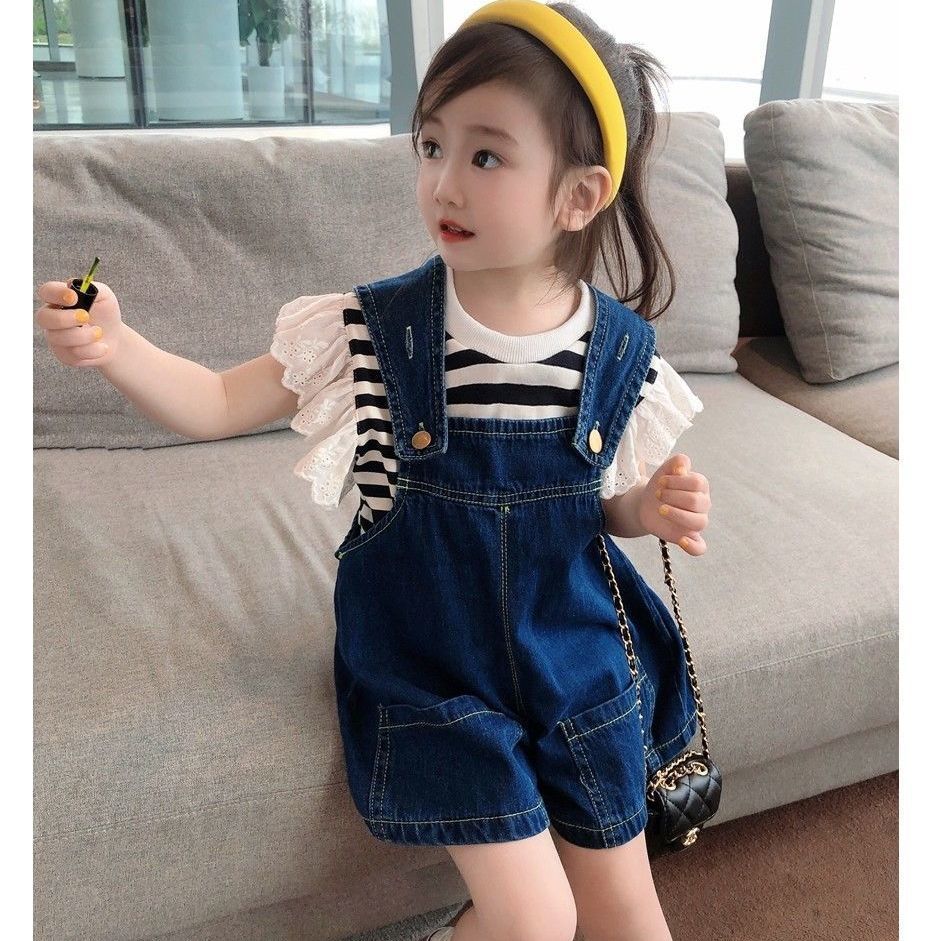 女童夏装2022新款韩版套装时髦牛仔背带裤女宝宝宽松洋气短袖上衣