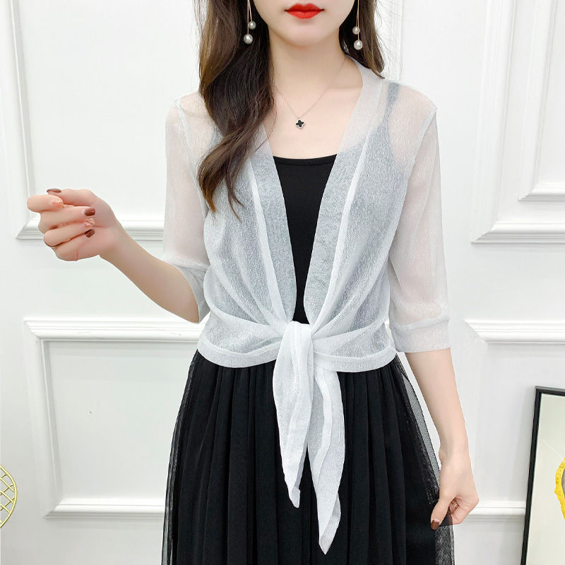 Silver Silk Whitesummer Shawl loose coat female Cardigan Netting have cash less than that is registered in the accounts Outside Big size Lace waistcoat Foreign style Sunscreen female Ice silk