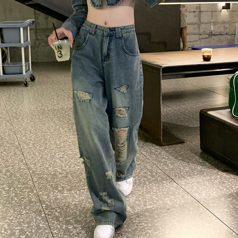 High-waisted women's 2022 new autumn retro loose straight-leg slimming wide-leg jeans with a sense of design holes