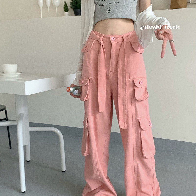 Pink workwear jeans for women, 2022 new autumn loose, straight, high-waisted, slimming, wide-leg, floor-length pants