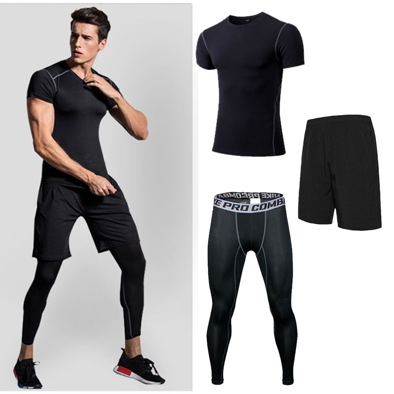 Black Short Sleeve (Three Piece Set)run motion Bodybuilding suit Five piece set Three large man Tight fitting Close fitting loose coat Short sleeve trousers shorts clothing